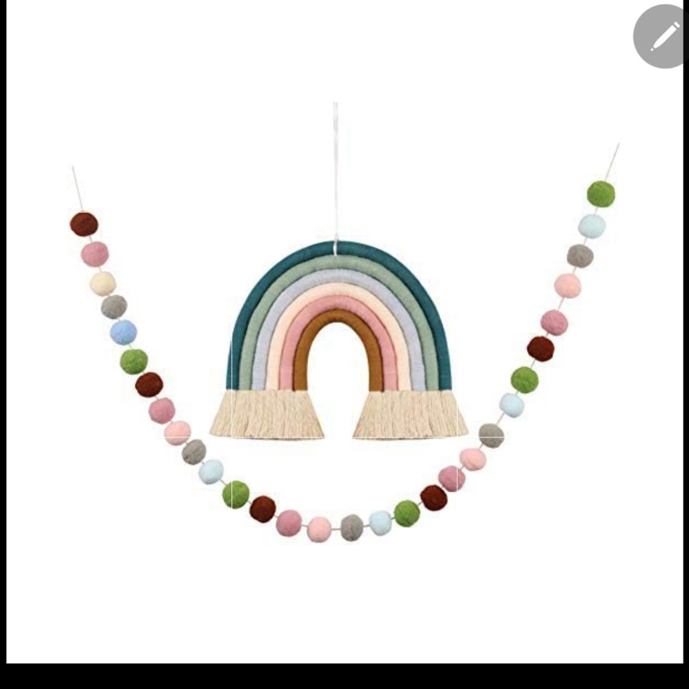 Dreaming Decor Boho Rainbow Wall Hanging with Pom Pom Garland Yarn Earth Tone